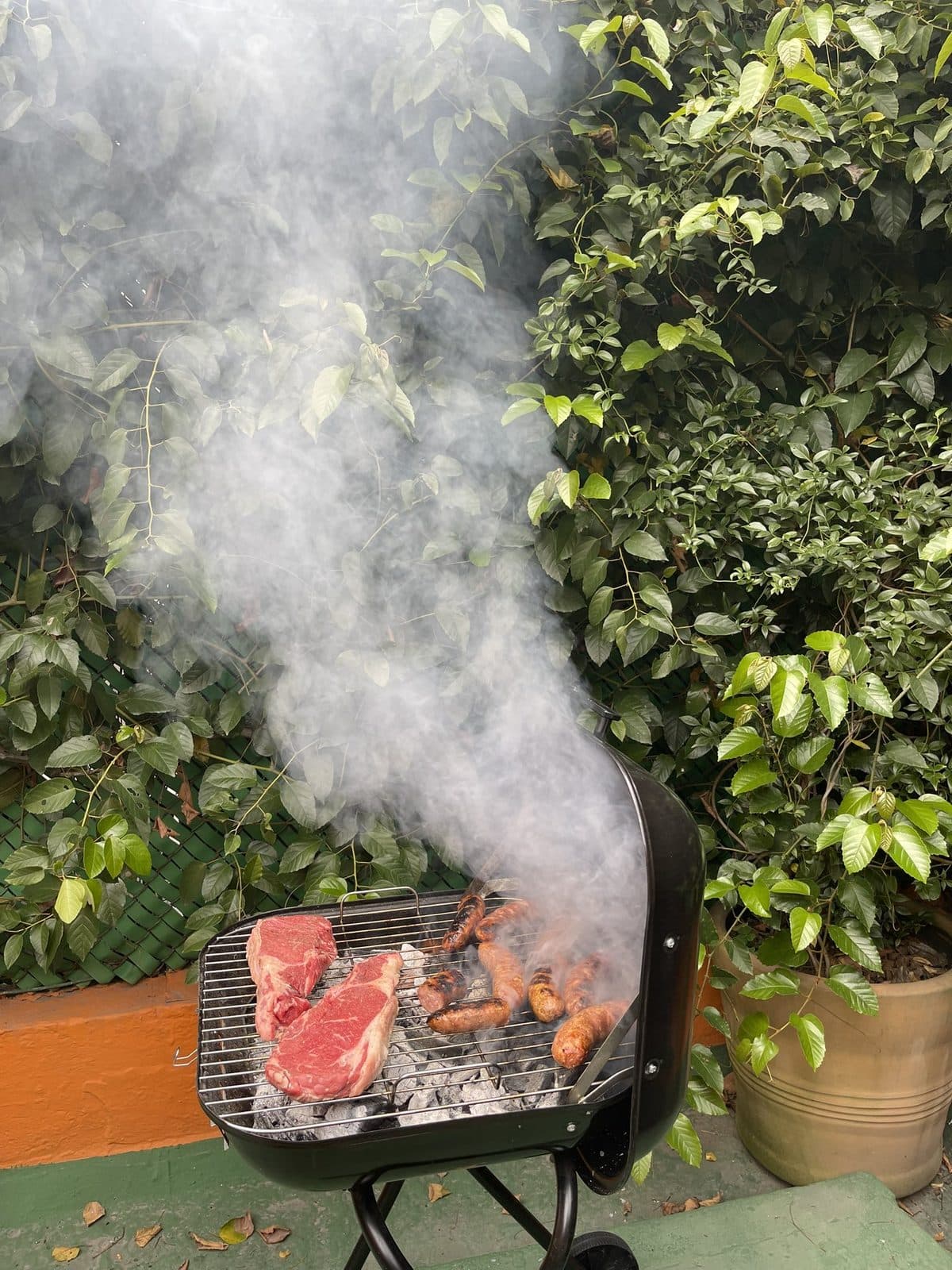 Steaks and sausages smoking on the grill in the garden