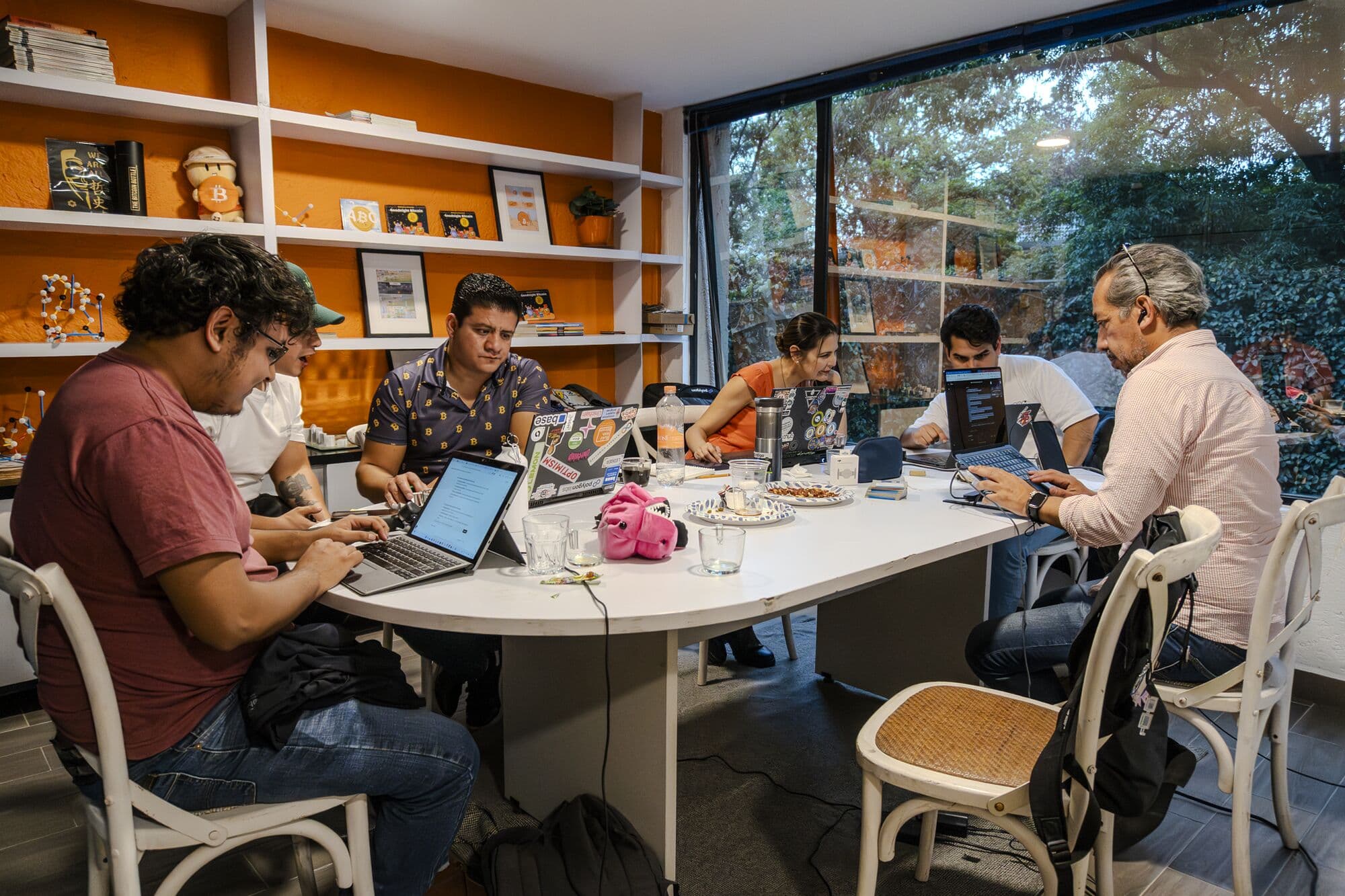 Members on laptops around the long white table, orange shelves and a window onto the garden
